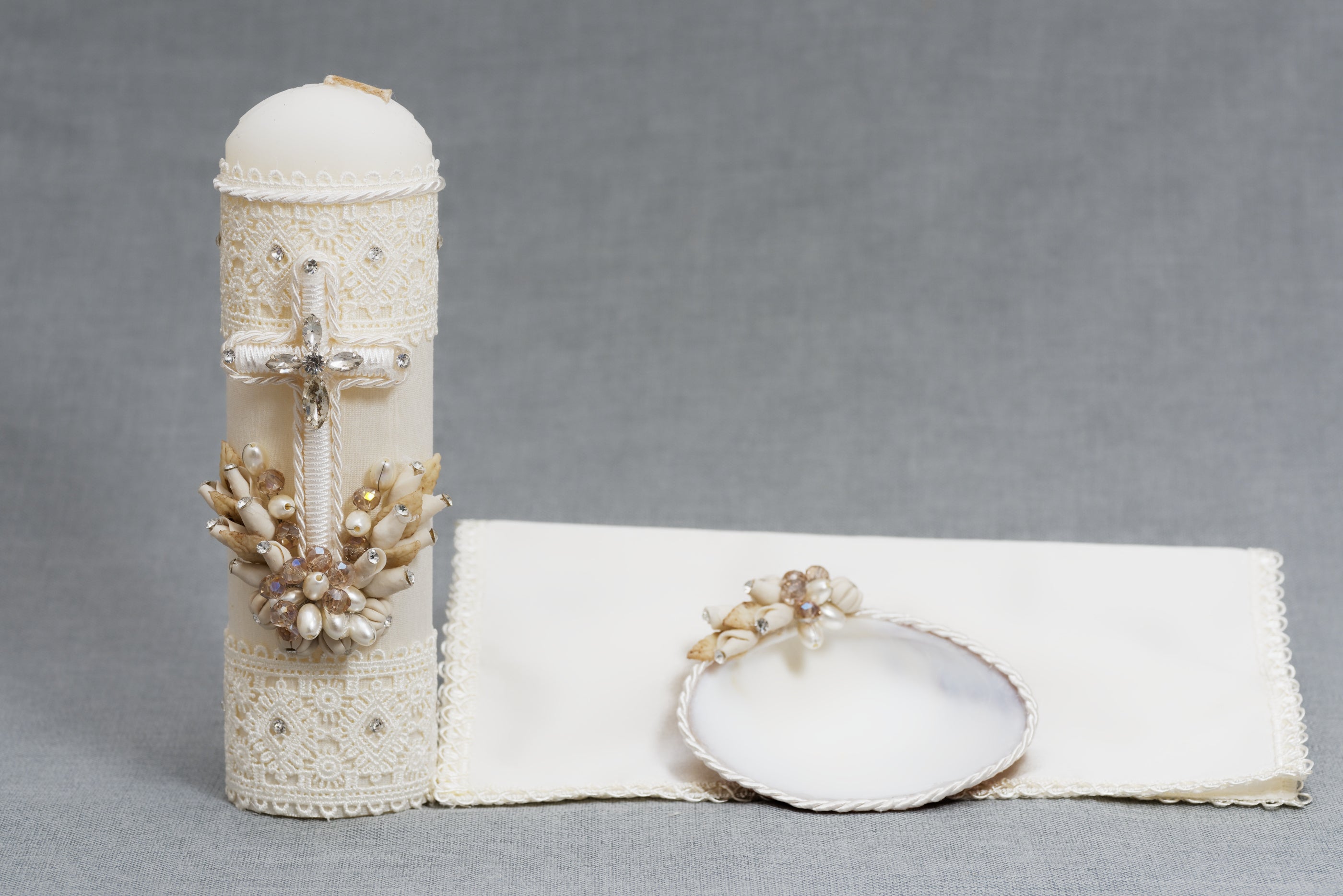 Kit de vela conchita y pañuelo especial para bautismo ceremonias