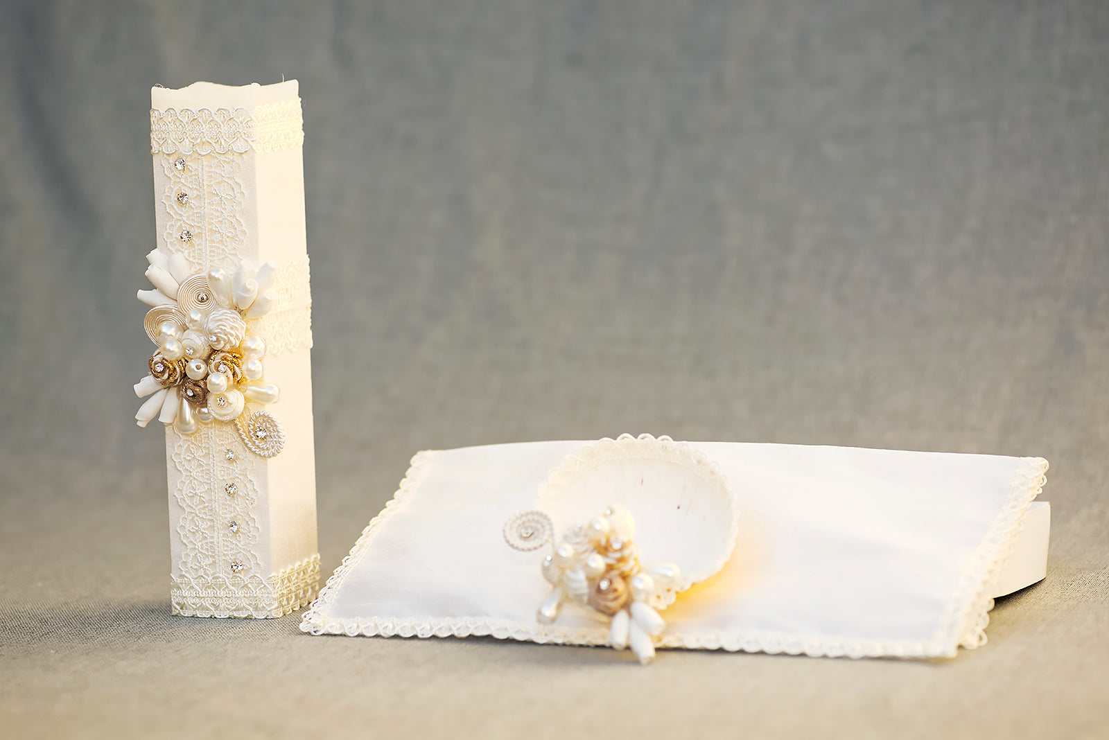 kit de vela conchita y pañuelo para bautizo o primera comunion, burbvus modelo 12 ivory