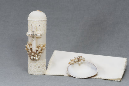 set de vela para bautizo hecha  a mano ropones burbvus