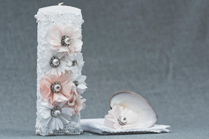 Vela para Bautizo de niña hecha a mano en color blanca