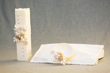 kit de vela conchita y pañuelo para bautizo o primera comunion, burbvus modelo 12 ivory